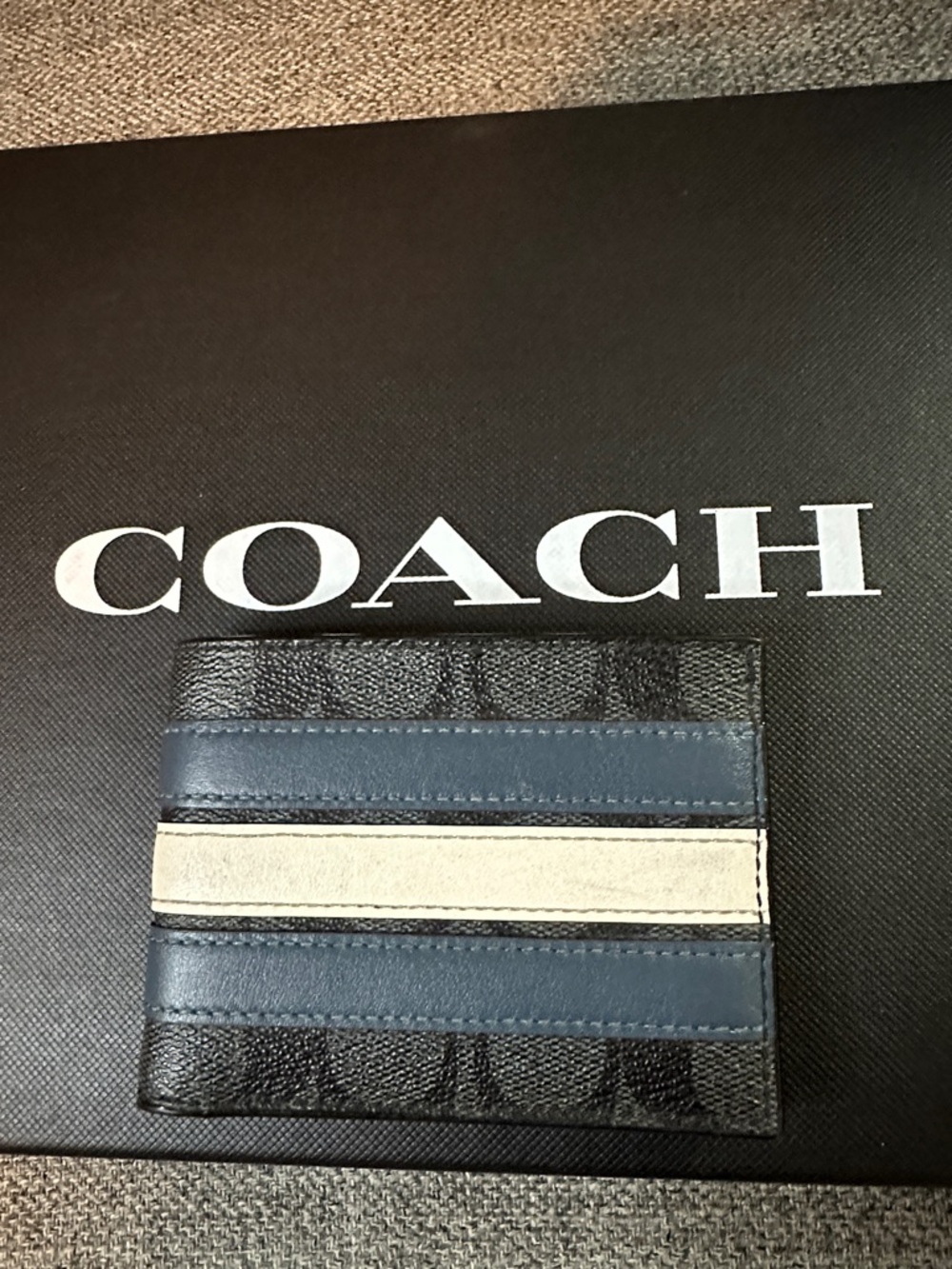 Coach Black Card Wallet with Blue and Cream Stripes